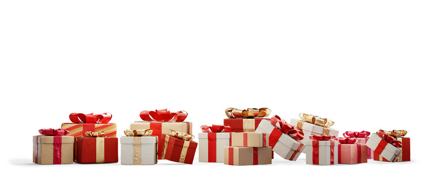 christmas presents in row and green decorated fir 3d-illustration