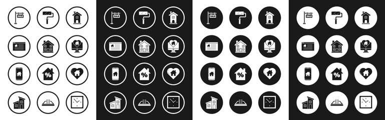 Fototapeta premium Set Home symbol, Hanging sign with text Online Sale, Monitor house heart shape, Paint roller brush, House and Mobile phone smart home icon. Vector