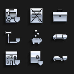 Set Piggy bank with coin, Safe shield, Car, Delivery cargo truck, Medical hospital building, Judge gavel, Briefcase and Document key icon. Vector