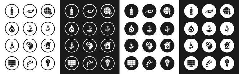 Set Planet earth and a recycling, Electric saving plug leaf, Recycle clean aqua, Bottle of water, Leaf Bio symbol, Tag with recycle and Light bulb icon. Vector
