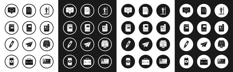 Set Glass test tube flask on fire, Book, Graduation cap in speech bubble, Document, Exam sheet and pencil with eraser, Monitor graduation and Marker icon. Vector