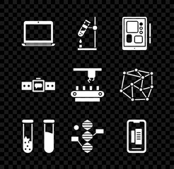 Set Laptop, Test tube flask on fire, Graphic tablet, and, DNA symbol, Smartphone, mobile phone, Smartwatch and Factory conveyor system belt icon. Vector