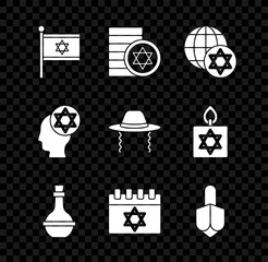 Set Flag of Israel, Jewish coin, World Globe and, wine bottle, calendar, Hanukkah dreidel, Orthodox jewish hat and icon. Vector