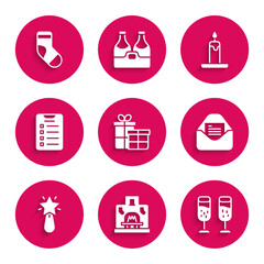 Set Gift box, Interior fireplace, Glass of champagne, Christmas party invitation card, star, New year goals list, Burning candle and stocking icon. Vector