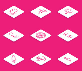 Set line Carabiner, Pegs for tents, Bicycle helmet, Skate park, wheel, Skateboard trick, Surfboard and Helmet icon. Vector