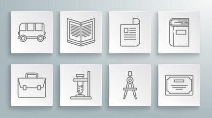 Set line Briefcase, Open book, Glass test tube flask on fire, Drawing compass, Certificate template, Document, Book and School Bus icon. Vector