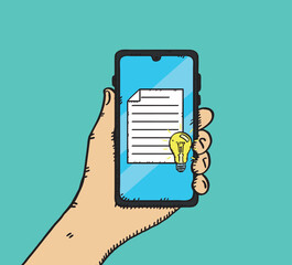 Doodle illustration of hand holding mobile phone that have document with idea bulb on screen. Sketch style hand drawn vector.