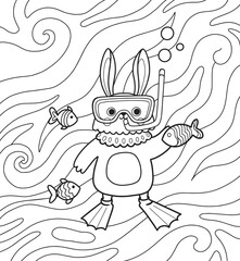 Cute rabbit outline cartoon character. Bunny in scuba. Coloring book page template for kids and children, doodle print, vector contour illustration.