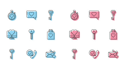 Set line Key in heart shape, Telephone with speech bubble, Heart the center stopwatch, Envelope, Shopping bag, Computer monitor and Like and icon. Vector