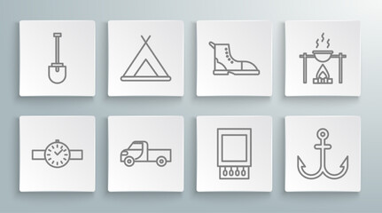 Set line Wrist watch, Tourist tent, Pickup truck, Open matchbox and matches, Anchor, Hiking boot, Campfire pot and Shovel icon. Vector