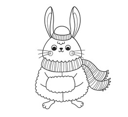 Cute rabbit outline cartoon character. Bunny in fur coat and scarf. Coloring book page template for kids and children, doodle print, vector contour illustration.