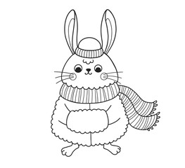 Cute rabbit outline cartoon character. Bunny in fur coat and scarf. Coloring book page template for kids and children, doodle print, vector contour illustration.