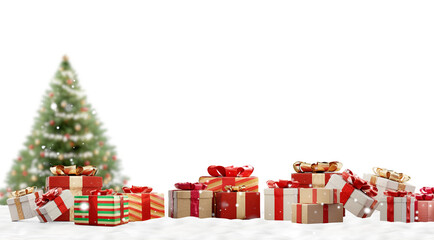 christmas presents in row and green decorated fir 3d-illustration