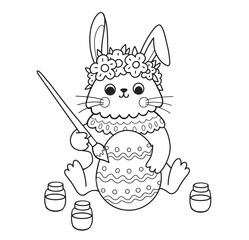Cute rabbit outline cartoon character. Bunny in floral crown painting egg. Happy easter. Coloring book page template for kids and children, doodle print, vector contour illustration.