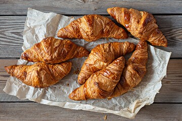 Fresh crispy french croissants on a wooden background. Traditional ruddy puff pastry (buns) for...