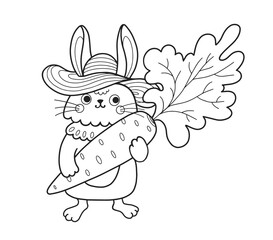 Cute rabbit outline cartoon character. Bunny farmer in straw hat holding big carrot. Coloring book page template for kids and children, doodle print, vector contour illustration.