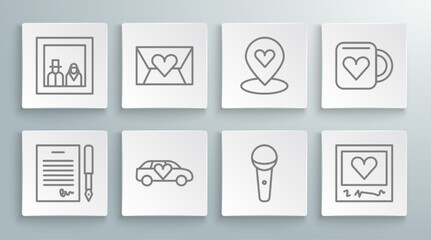 Set line Marriage contract, Envelope with Valentine heart, Limousine car, Microphone, Photo frames and hearts, Location, Coffee cup and Family photo icon. Vector