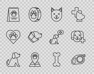 Set line Dog, Retractable cord leash with carabiner, Cat, Map pointer veterinary medicine hospital, Bag of food for dog, Veterinary clinic symbol, bone and icon. Vector