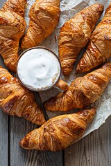 Fresh croissants with a cup of cappuccino (coffee) on a wooden background. Popular tasty breakfast.