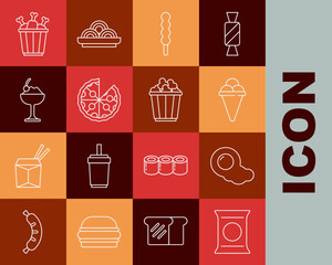 Set line Bag or packet potato chips, Scrambled eggs, Ice cream in waffle cone, Lollipop, Pizza, bowl, Chicken leg package box and Popcorn icon. Vector