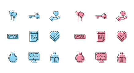 Set line Wedding rings, Dating app online, Balloons form of heart, cake with, Calendar February 14, Candy shaped box, Love text and Key icon. Vector