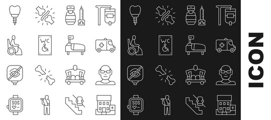 Set line Medical hospital building, Poor eyesight, Emergency car, Syringe, Separated toilet for disabled, Woman wheelchair, Dental implant and Hospital bed icon. Vector