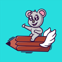 Cute koala riding pencil cartoon vector icon illustration for education