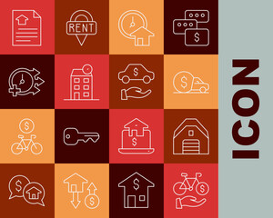 Set line Bicycle rental mobile app, Garage, Car, Time is money, House, Clock, contract and icon. Vector