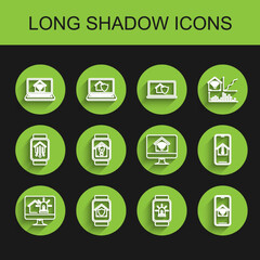 Fototapeta premium Set line Computer monitor with smart house and alarm, Smart watch under protection, Laptop home wi-fi, Mobile phone, light bulb, temperature and icon. Vector