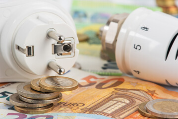 Euro money, electrical plug and heating thermostat, concept of energy crisis, increase of prices and inflation