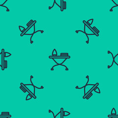 Blue line Electric iron and ironing board icon isolated seamless pattern on green background. Steam iron. Vector