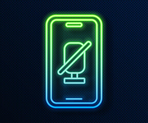 Glowing neon line Mute microphone on mobile phone icon isolated on blue background. Microphone audio muted. Vector