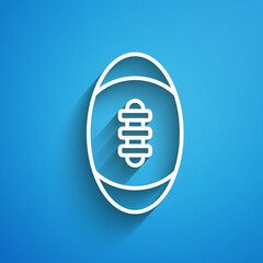 White line American Football ball icon isolated on blue background. Rugby ball icon. Team sport game symbol. Long shadow. Vector