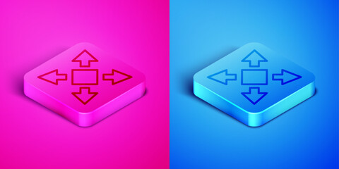 Isometric line Many ways directional arrow icon isolated on pink and blue background. Square button. Vector
