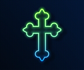 Obraz premium Glowing neon line Christian cross icon isolated on blue background. Church cross. Vector