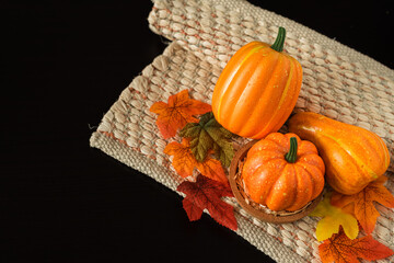 Autumn background with leawes, pumpkin. Hello October, November. Autumn season.