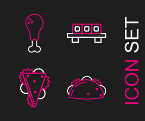 Set line Taco with tortilla, Sandwich, Sushi on cutting board and Chicken leg icon. Vector