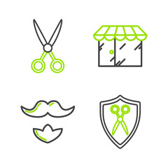 Set line Scissors hairdresser and shield, Mustache beard, Barbershop building and icon. Vector