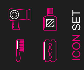 Set line Blade razor, Hairbrush, Aftershave and dryer icon. Vector