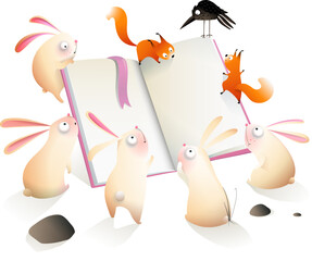 Animals reading book under big tree at night, rabbits and squirrel in forest cold winter night studying. Storytelling illustration for children library or school poster. Animals vector for kids.