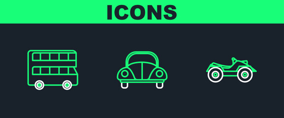 Set line All Terrain Vehicle or ATV motorcycle, Double decker bus and Car icon. Vector - obrazy, fototapety, plakaty