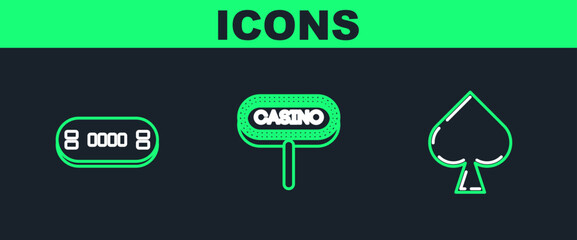 Set line Playing card with spades symbol, Poker table and Casino signboard icon. Vector