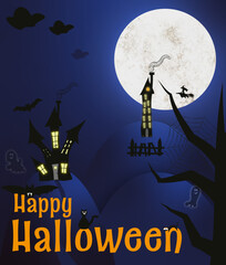 happy halloween plakat pocztówka księżyć północ wiedźma czary magia domki drzewo straszyć duch straszny