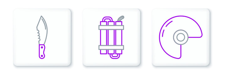 Set line Military helmet, knife and Detonate dynamite bomb stick icon. Vector