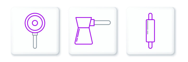 Set line Rolling pin, Frying pan and Coffee turk icon. Vector