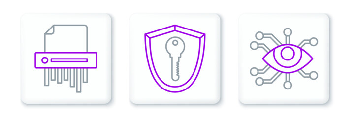 Set line Eye scan, Paper shredder confidential and Shield with key icon. Vector