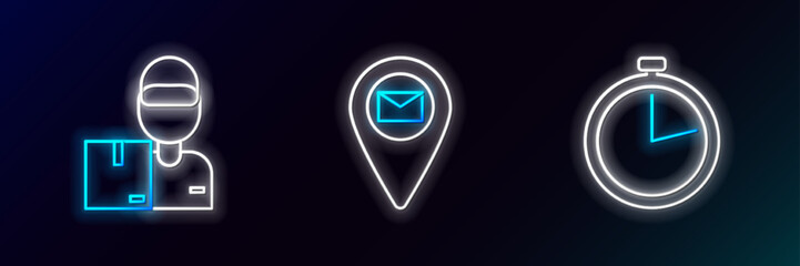 Set line Stopwatch, Delivery man with cardboard boxes and Placeholder on map paper icon. Glowing neon. Vector