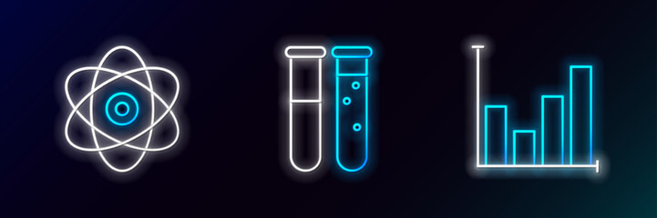 Set line Pie chart infographic, Atom and Test tube and flask chemical laboratory icon. Glowing neon. Vector