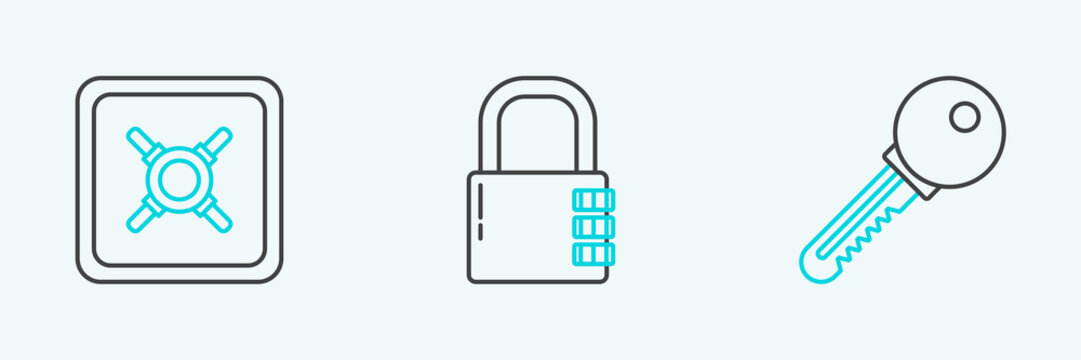Set line Key, Safe and combination lock icon. Vector