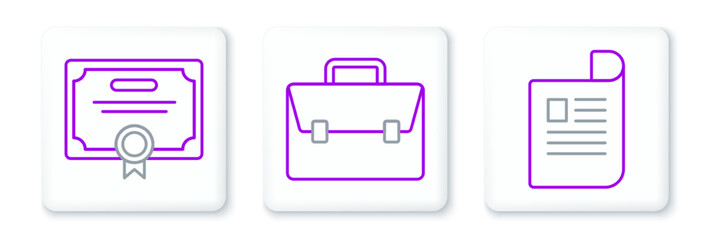 Set line Document, Certificate template and Briefcase icon. Vector